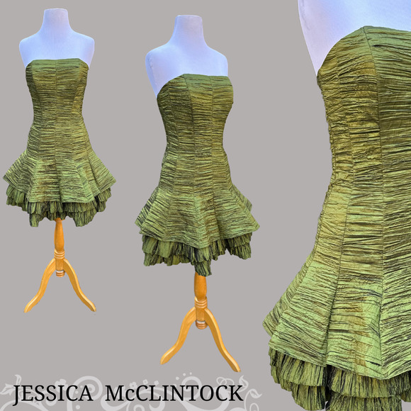 Vintage 90s Jessica McClintock Dress Green Strapless Wedding Cocktail Party Prom - Picture 1 of 10